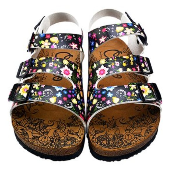 NWT Calceo Black Floral Daisy Sandals Size 10M - Picture 1 of 4